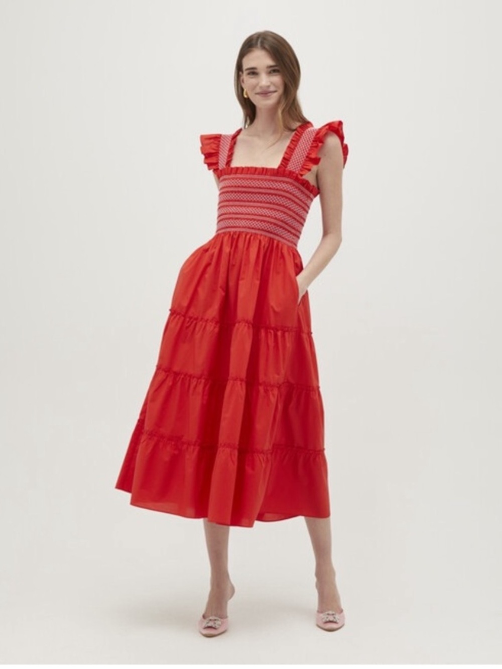 Ellie Nap Dress Cotton Poplin Contrast Stitch in Poppy Red